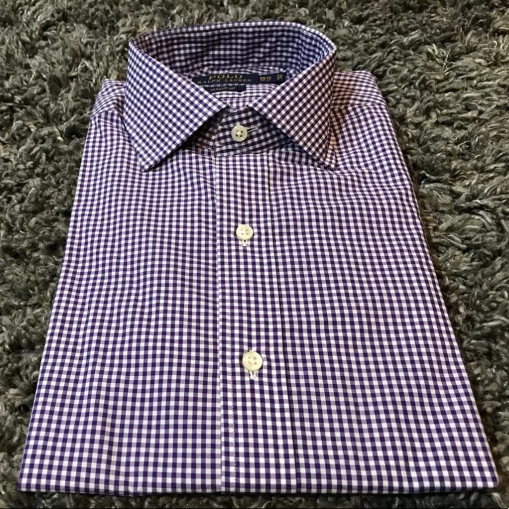 Polo Ralph Lauren dress shirt purple white gingham plaid checker spread 17 1/2